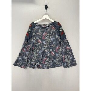 New Direction Women's Sz M Floral Prints w/Embroidered Sheer Shoulder Blouse Top